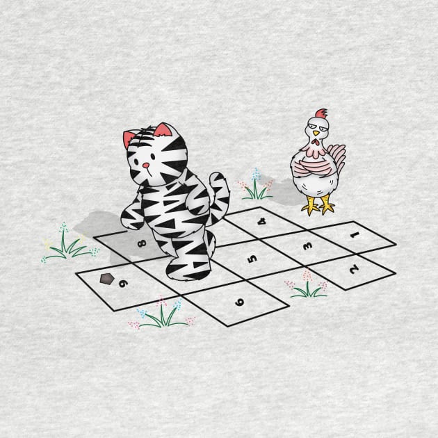 Cat And Chicken Playing Hopscotch by Athikan